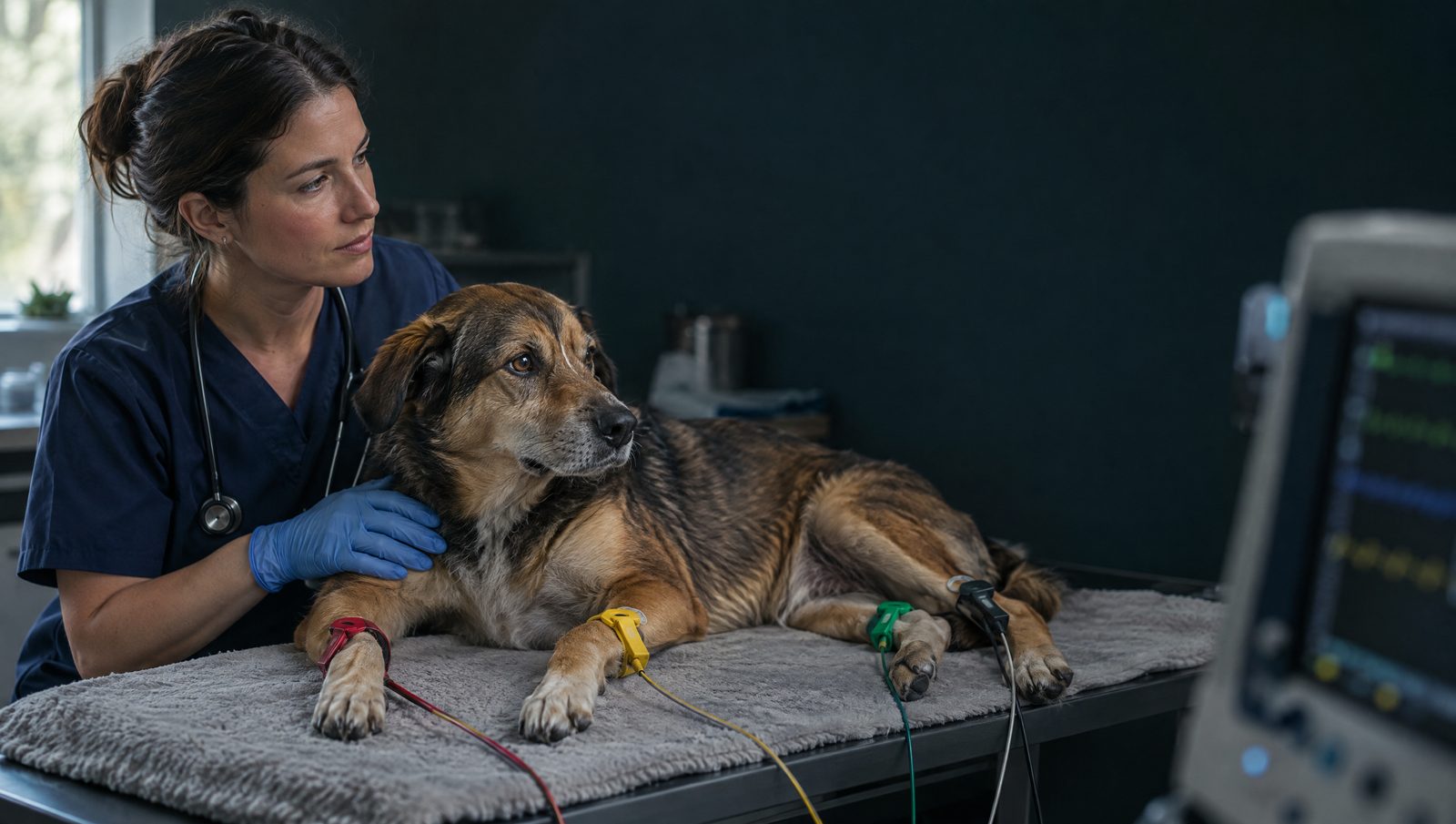 Veterinarian watching a dog with ECG limb clips and leads on a treatment table beside a monitor