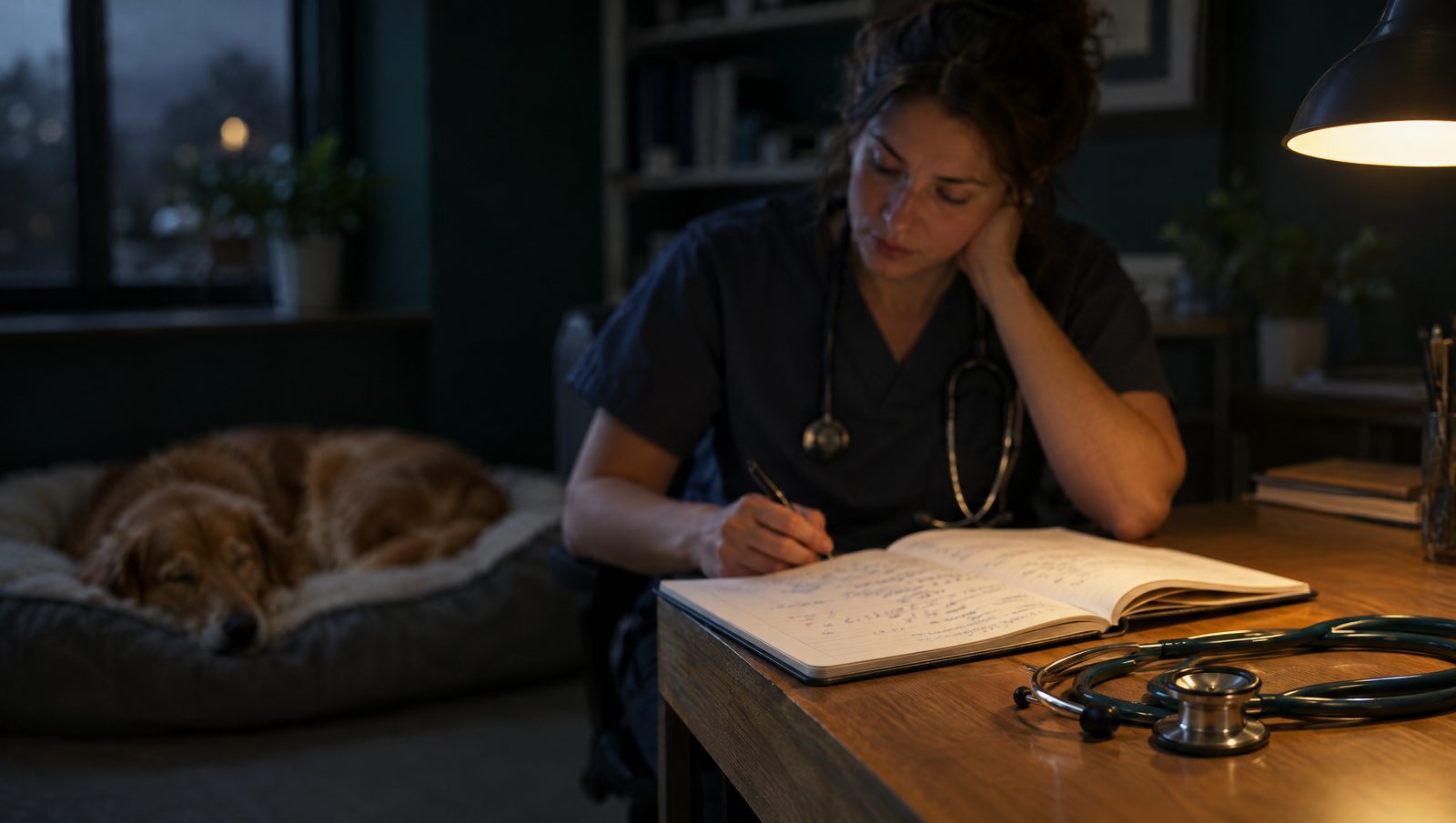 Veterinarian studying at a desk in a quiet clinic office at night, a dog sleeping behind