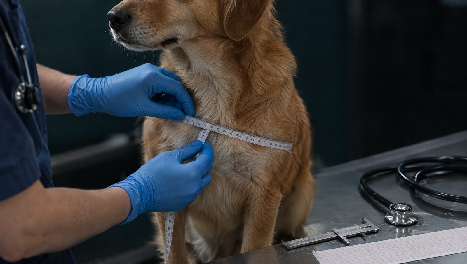 Measuring a dog's chest with a soft tape, with a caliper and stethoscope on the table